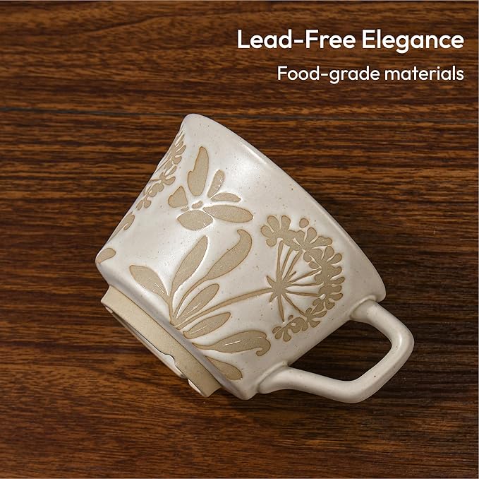 Ceramic Coffee Mug, 12 oz Novelty Unique Teacup with Handle, Stoneware Cup for Tea Mocha Latte Cappuccino Espresso (Set of 4, Butterfly Grass Ivy and Leaf)
