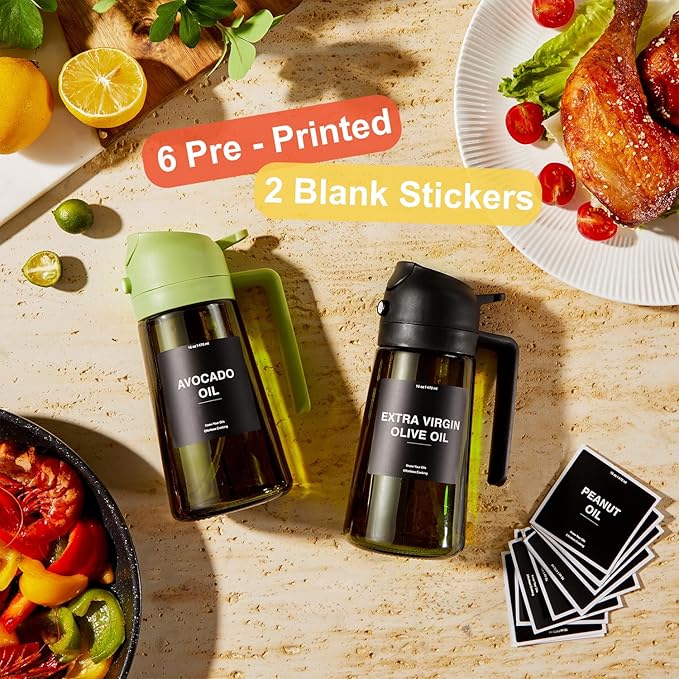CXINYI - 16oz/470ml Olive Oil Dispenser for Kitchen with Stickers - 2 in 1 Olive Oil Sprayer for Cooking, Air Fryer, and Salad, Green (Light-Proof Kitchen Gadget)