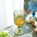 Joeyan Green Vintage Glass Wine Goblet,10 oz Embossed Stemmed Wine Glasses with Floral Design,Colored Drinking Glasses for Christmas Party Wedding Table Decor,Set of 4,Dishwasher Safe