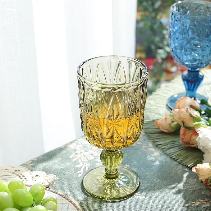 Joeyan Green Vintage Glass Wine Goblet,10 oz Embossed Stemmed Wine Glasses with Floral Design,Colored Drinking Glasses for Christmas Party Wedding Table Decor,Set of 4,Dishwasher Safe