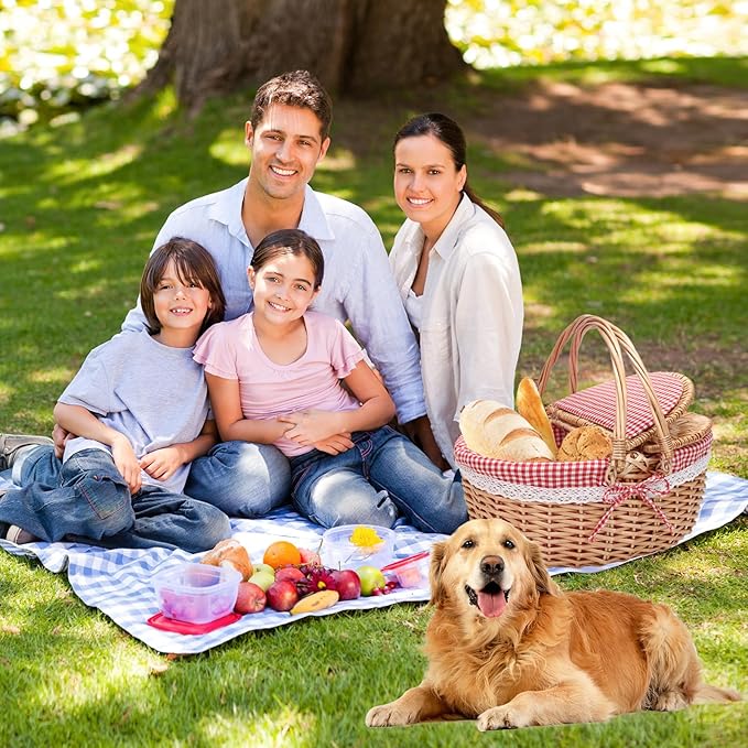 Natural Rattan Picnic Basket for 4 Adults - Portable Wicker Hamper with Removable Red & White Gingham Lining, Foldable Handles & Lockable Lid, Detachable Cushioned Tote (15"x11"x7" Outdoor Essentials)