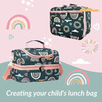 Insulated Kids Dual Compartment Lunch Bags Tote Pack for Girls Boys Toddler Kindergarten School Picnic Cooler Thermal Lunch Boxes with Strap (Green Rainbow)