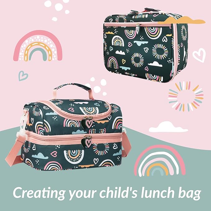 Insulated Kids Dual Compartment Lunch Bags Tote Pack for Girls Boys Toddler Kindergarten School Picnic Cooler Thermal Lunch Boxes with Strap (Green Rainbow)