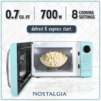 Nostalgia Retro Microwave Oven 0.7 Cu Ft, 700-Watt Countertop Size with Glass Turntable, Child Safety Lock, 8 Auto-Cook Programs, Digital Clock, Aqua