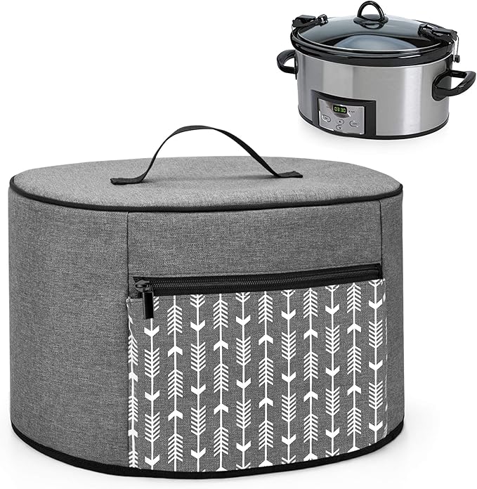 YARWO Slow Cooker Dust Cover Compatible for Crock Pot and Hamilton Beach 6-8 qt Slow Cooker, Dust Free Cover with Zipper Pocket and Wipe Clean Liner, Gray with Arrow