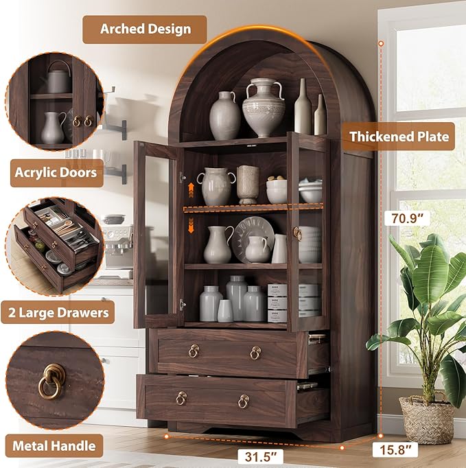 Kitchen Pantry Cabinet, Arched Bookshelf Bookcase China Pantry Storage Cabinet with Drawers Doors and Shelves,71“ Tall Food Pantry Funiture for Living Room,Dining Room (Walnut)