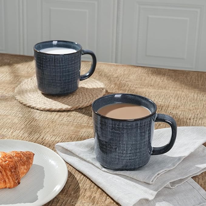 famiware Moonlight Coffee Mug Set of 4, 13oz Mug Set with Linen Finish, Coffee Cup Set with Handle for Latte, Cappuccino, Tea, Hot Cocoa, Microwave and Dishwasher Safe, Dark Blue