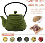 20.3oz Small Cast Iron Teapot, SECHUDO Cast Iron Tea Kettle for Stovetop Safe Coated with Enameled Interior, Iron Tea Pot with Stainless Steel Infuser for Loose Tea (Green Pinstripe Pattern)
