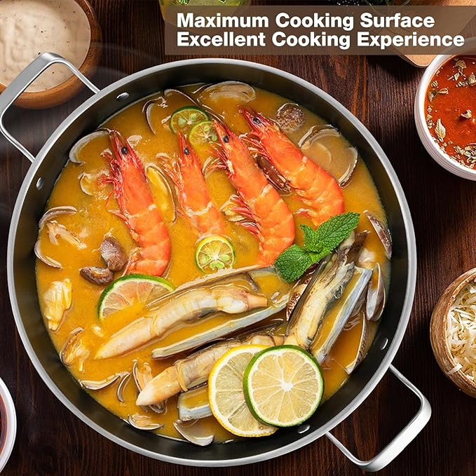 Tri-Ply 14.5 Inch Stainless Steel Paella Pan,12 Servings Paella Pan with Lid,18/10 Nonstick Large Skillet,Jumbo Cooker,Induction Pan,Skillets,for Outdoors,Camping,Parties
