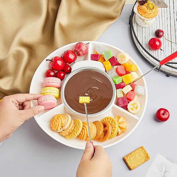 Lallisa Electric Fondue Pot Set, Chocolate Fondue Kit, Electric Fondue Maker, Detachable Serving Trays with 4 Roasting Forks, Gift Set for Date Night House Warming Melting Parties(White)