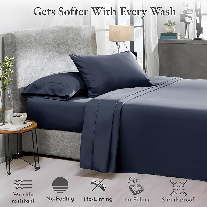 2-Pack Sheets Full Size Bed - 400 Thread Count 100% Cotton Sateen - Extra Soft, Breathable & Cooling Sheets, Wrinkle Resistant, 2 Sets of Deep Pocket Bed Sheets - Indigo Dusty Blue