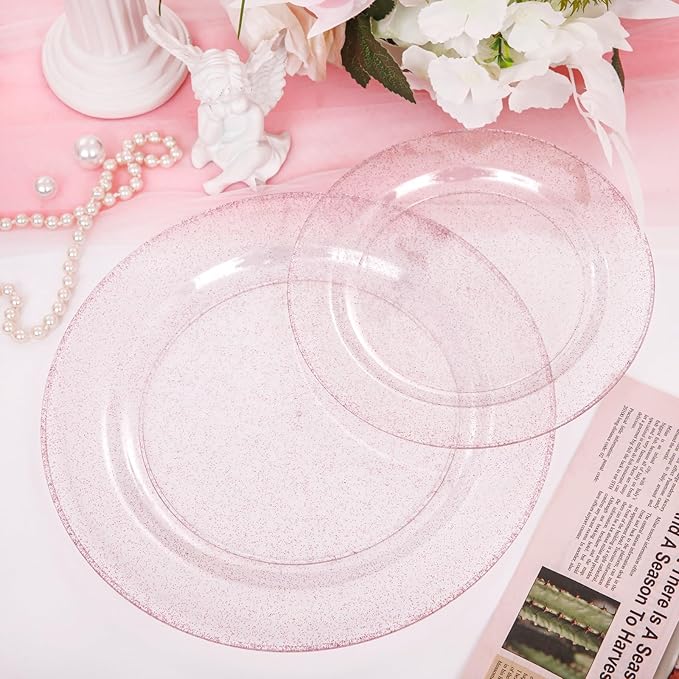 WDF 120pcs Pink Plastic Plates Disposable - Clear Pink Glitter Plates for Valentine's Day/Wedding including 60PCS Dinner Plates 10.25inch and 60PCS Salad Plates 7.5inch for Wedding/Party