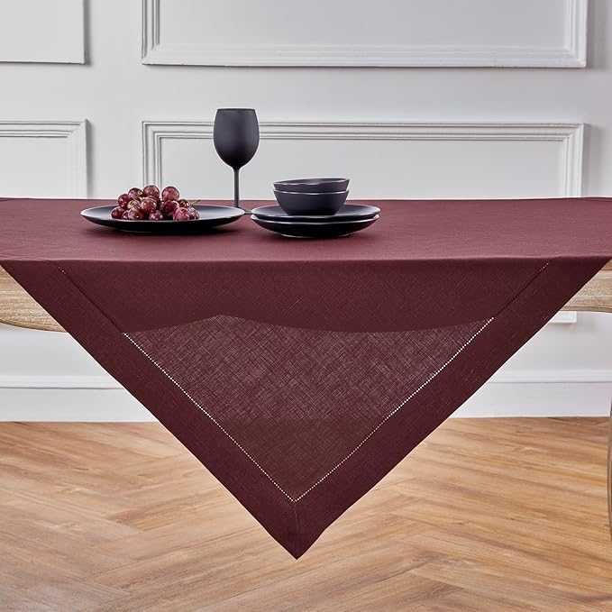 Solino Home Linen Square Tablecloth 52 x 52 Inch - 100% Pure Linen Burgundy Table Throw - Classic Hemstitch, Machine Washable Table Cloth for Summer, Fall, Autumn