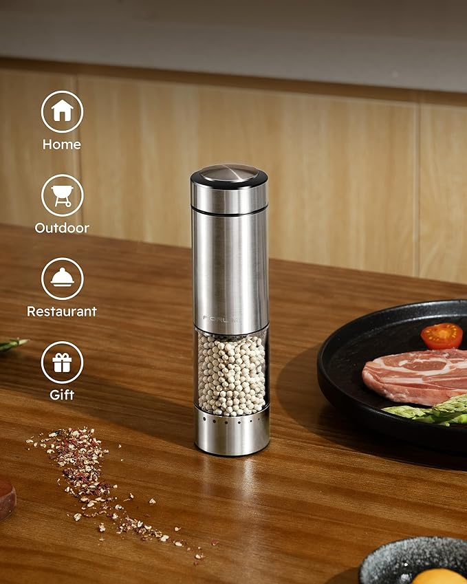 FORLIM Electric Salt and Pepper Grinder Set Rechargeable, Upgraded Washable, Automatic One-Handed Operation with LED, Adjustable Coarseness Pepper and Salt Grinder Refillable, Stainless Steel(Silver）