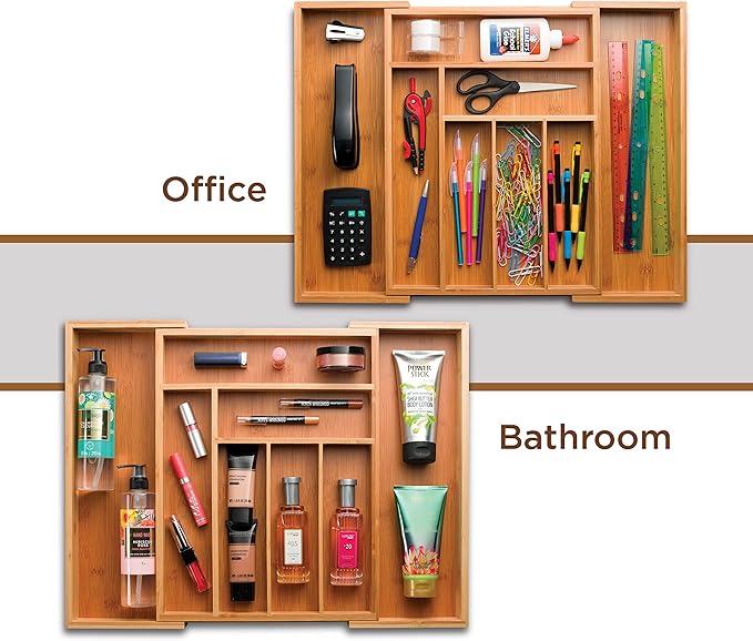 Bamboo Expandable Drawer Organizer for Utensils - Adjustable Cutlery Tray with Dividers for Silverware, Flatware, and Knives in Kitchen, Bedroom, or Living Room Storage