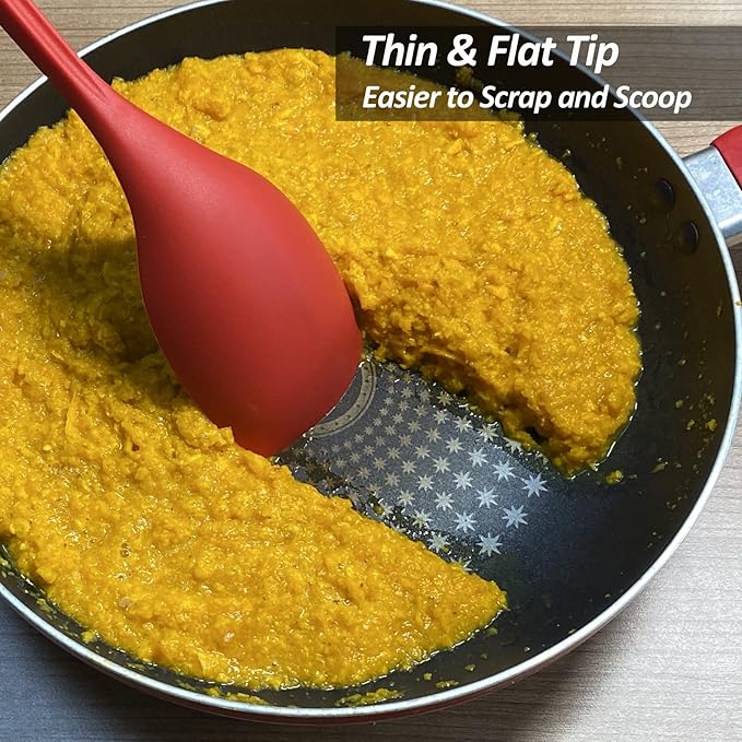 Large Silicone Cooking Spoon, Non-Stick Solid Spoon set with Deep Bolw and Measurement Mark for Mixing, Serving, Draining, Scooping, Scraping, Heat Resistant Kitchen Utensils, Red