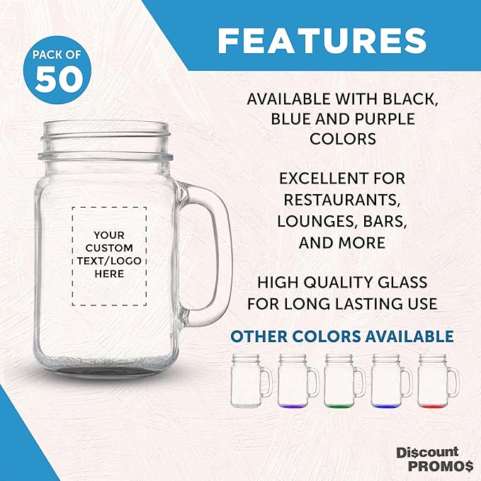 DISCOUNT PROMOS Custom Libbey Mason Jars w/Handles 16 oz. Set of 50, Personalized Bulk Pack - Traditional style, High standard - Black