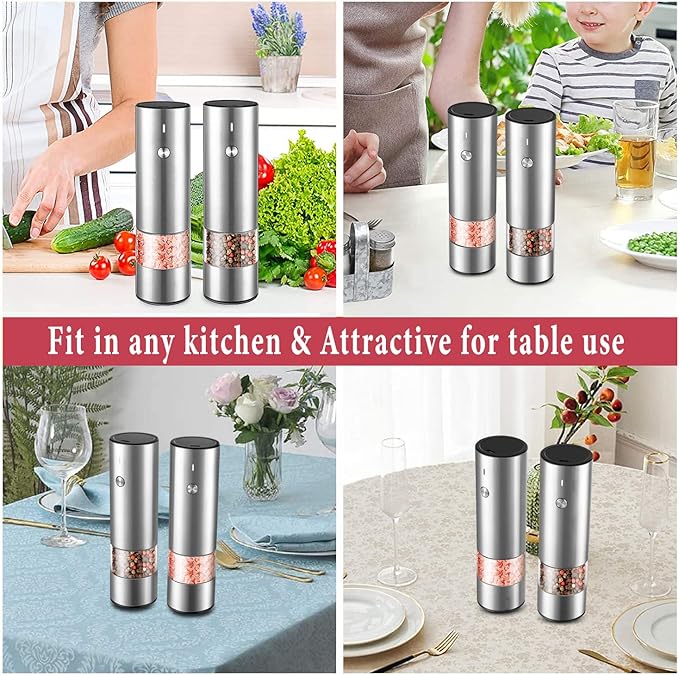 Electric Salt and Pepper Grinder Set - USB Rechargeable - Durable Modern Style - Automatic Black Peppercorn & Sea Salt Spice Mill Set with Adjustable Coarseness & LED Light Refillable