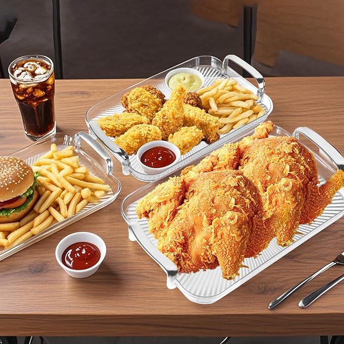 Serving Tray with Handles Set of 3 Rectangular Large Serving Platters 16.5/14.9/13.2 Inch White Plates for Dinner, Party, Entertaining, Transparent