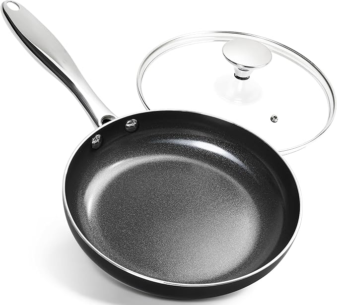 MICHELANGELO Small Frying Pan - 8 Inch Frying Pan Nonstick with Lid, Non-Toxic Ceramic Pans with Stainless Steel Handle, Nonstick Skillet, Black