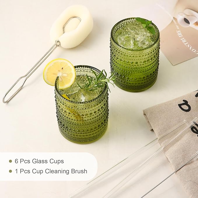 Vintage Glassware Drinking Glasses Set of 6,12 oz Hobnail Glass Cups,Embossed Green Water Tumbler,for Beer,Cocktail,Whiskey,Juice and Various Mixed Drinks- 1 Cleaning Brush