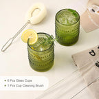Vintage Glassware Drinking Glasses Set of 6,12 oz Hobnail Glass Cups,Embossed Green Water Tumbler,for Beer,Cocktail,Whiskey,Juice and Various Mixed Drinks- 1 Cleaning Brush