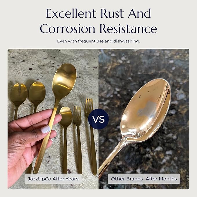 JazzUpCo Ava Flatware Flatware non toxic 18/10 stainless steel dishwasher safe (Matte Champagne Gold, 8 Person Set (40 Pieces))