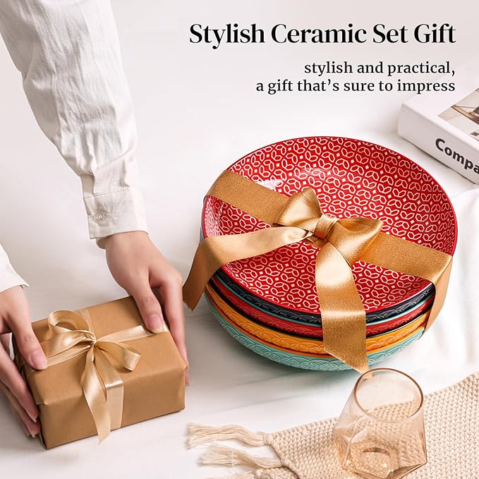 DOWAN 10" Vibrant Pasta, Salad & Soup Serving Bowls Set of 4, Embossed Large Porcelain Ceramic, Microwave & Dishwasher Safe, Bonita Design Dinnerware Dishes for Daily Dining, Family Gatherings, Party