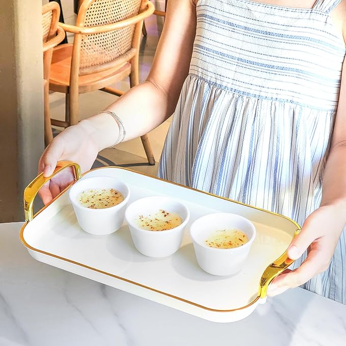 Serving Tray with Handles Set of 3 Rectangular Large Serving Platters 16.5/14.9/13.2 Inch White Plates for Dinner, Party, Entertaining, Cream Gold