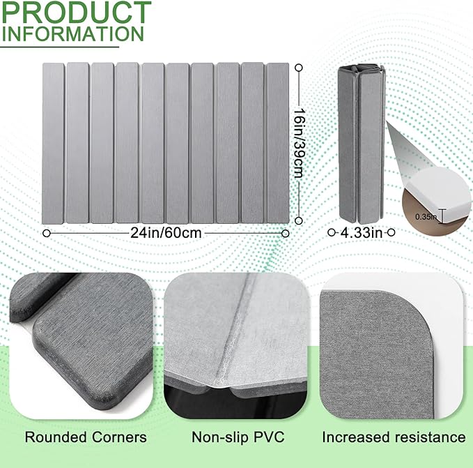 JINGYAN Large Stone Dish Drying Mat for Kitchen Counter, Foldable Diatomaceous Earth Absorbent Mat, Quick Dry Collapsible Drying Pad for Dishes & Utensils, Kitchen Sink Mat, 24x16 Inch- Gray