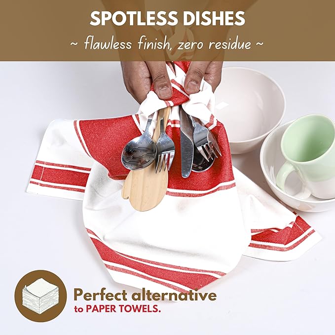 Native Fab Red Striped Dish Towels 18"x28", 6 Pack, Wide Stripe, Highly Absorbent, Fast Dry, 100% Cotton Hand Towels for Drying Dishes, Glassware, Dishcloth Set, Kitchen Cleaning Towel - Red