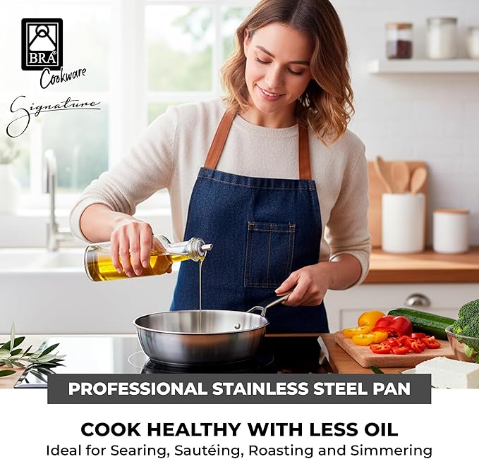 BRA COOKWARE Signature Deep Frying Pan | 11 inches Professional High Skillet | Stainless Steel Deep Frying Pan | All Stovetop Compatible | PFOA Free | w/o Non-Stick Coating | Polished Finish