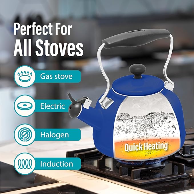 Chantal Tea Kettle, 1.7 QT, Vintage Series, Premium Enamel on Carbon Steel, Whistling, Even Heating & Quick Boil (Cobalt Blue)