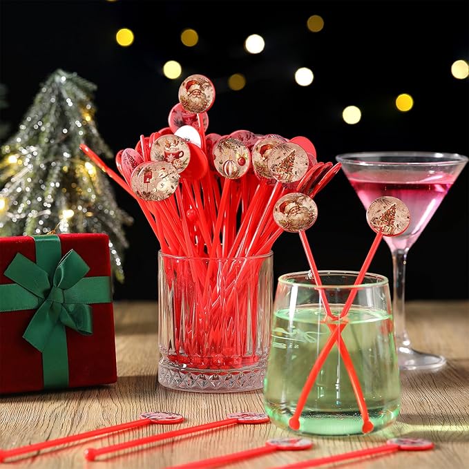 Meanplan 60pcs Christmas Swizzle Sticks Christmas Cocktail Stirrers Plastic Stir Sticks Xmas Santa Claus Snowman Decorations for Birthday Party Coffee Shop Supplies Favors Gifts(Vintage)