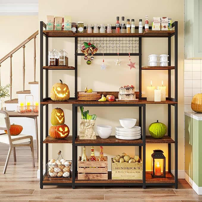 Tribesigns Large Bakers Rack, 55" Wide Kitchen Hutch Cabinet Microwave Stand with 11 Hooks, 5-Tier Baker’s Rack Kitchen Storage Shelf with Hutch, Rustic Brown