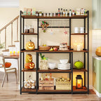 Tribesigns Large Bakers Rack, 55" Wide Kitchen Hutch Cabinet Microwave Stand with 11 Hooks, 5-Tier Baker’s Rack Kitchen Storage Shelf with Hutch, Rustic Brown