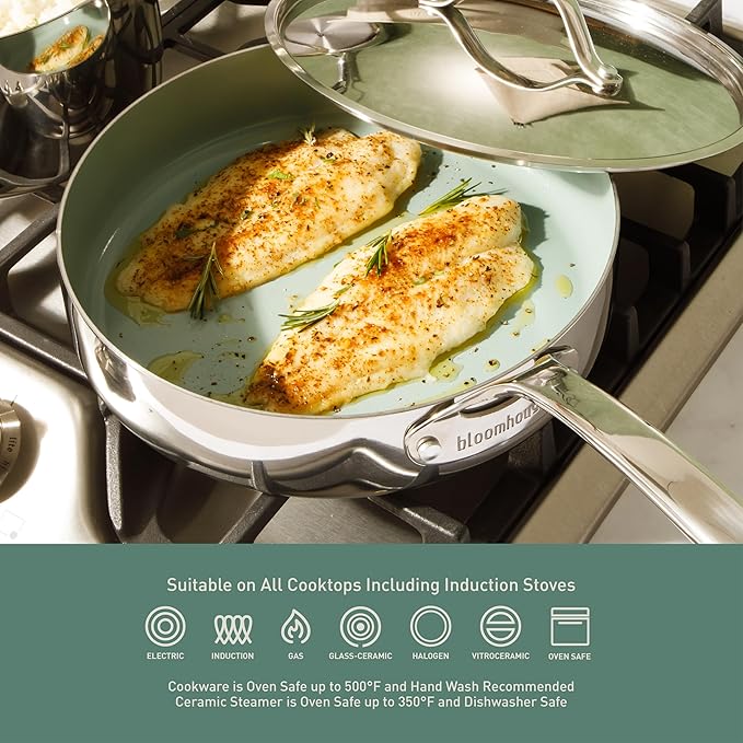 Bloomhouse - Two Time Oprah's Favorite Things Winner - 8 Piece Triply Stainless Steel Pots and Pans Cookware Set W/Sage Green Non Toxic Pro Ceramic Non Stick Interior