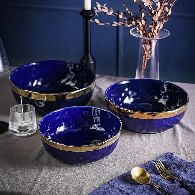 Stone Lain Florian Porcelain 3-Piece Round Bowl Service Set, Blue with Gold Rim