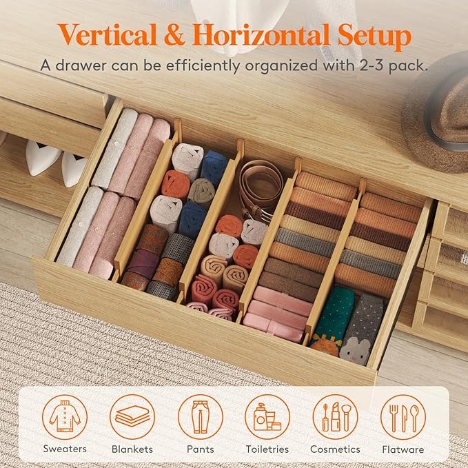 Lifewit 4 Pack Drawer Dividers Bamboo 5" High, 16-22" Adjustable Clothes Drawer Organizers, Expandable Dresser Separators in Bedroom/Bathroom/Kitchen/Office Organization and Storage