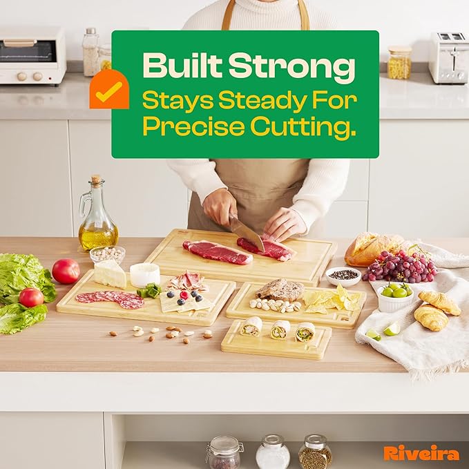 Riveira White Bamboo Wood Cutting Board – Versatile And Durable: Set Of 4 Pcs Rectangular Wooden Cutting Board – Natural Wooden Cutting Boards For Kitchen – Complete White Bamboo Wooden Chopping Board