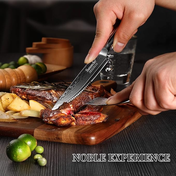 Sunnecko Damascus Steak Knives Set of 4 Serrated, Japanese VG10 Stainless Steel Steak knives Dishwasher Safe, 5 Inch Steak Knives G10 Handle with Gift Box
