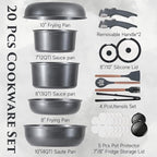 JEETEE 20 Pcs Pots and Pans Set Non Stick, Titanium Nonstick Cookware Set with Detachable Handle, Induction Kitchen Cookware Sets with Removable Handle, Camping RV Cooking Set, Oven/Dishwasher Safe