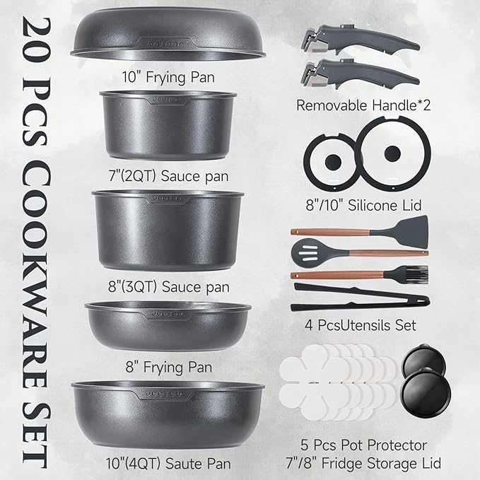 JEETEE 20 Pcs Pots and Pans Set Non Stick, Titanium Nonstick Cookware Set with Detachable Handle, Induction Kitchen Cookware Sets with Removable Handle, Camping RV Cooking Set, Oven/Dishwasher Safe