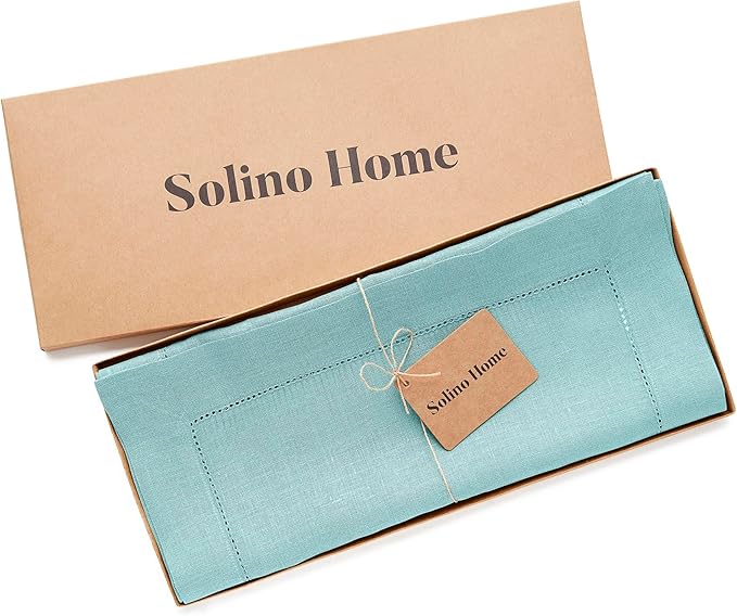 Solino Home Linen Aqua Blue Table Runner 36 Inches - Classic Hemstitch, 100% Pure Linen Coffee Table Runner 14 x 36 Inch Ideal for Dresser Tables - Summer