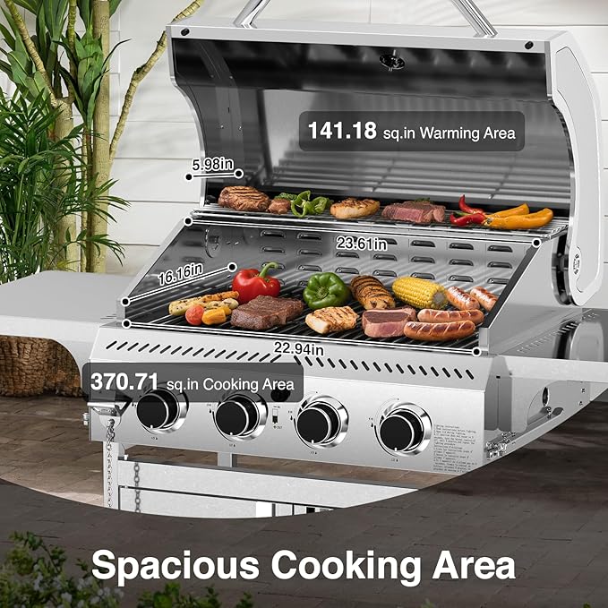 4-Burner Propane Gas Grill with 304 Stainless Steel Cooking Grid, Hanging Hooks/Heat-Resistant Handle, 32000BTU Stainless Steel Outdoor BBQ Grill with Portable Wheels for Camping/Patio/Backyard