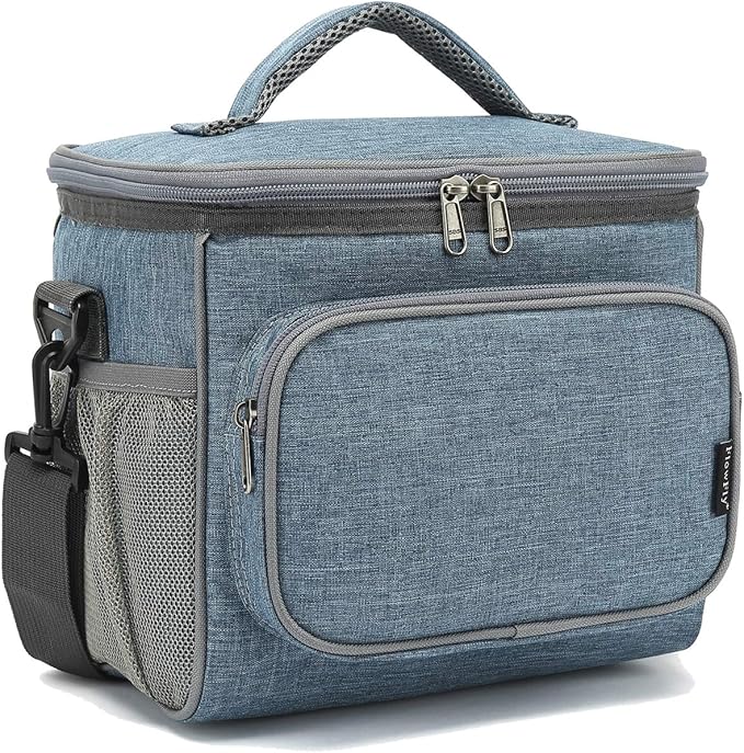 FlowFly Insulated Reusable Lunch Bag Adult Large Lunch Box for Women and Men with Adjustable Shoulder Strap,Front Zipper Pocket and Dual Large Mesh Side Pockets,Navy