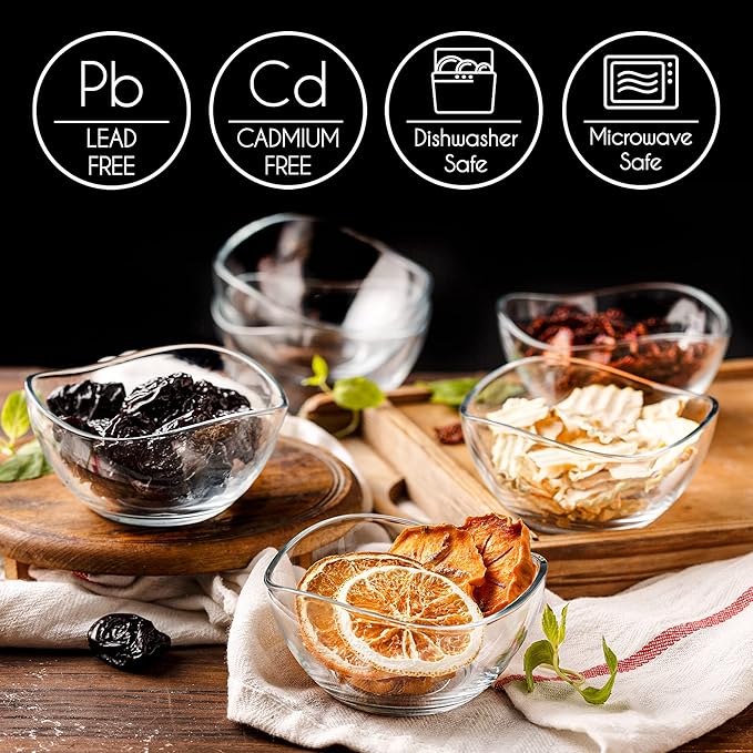 Volarium CRYSTALIA Small Glass Bowls for Kitchen Prep, Modern Round Serving Dishes for Dessert, Salad, Fruit, Pudding, Candy, Cereal, Ice Cream, Stackable Bowls Set of 6 (Medium 7 1/4 oz)