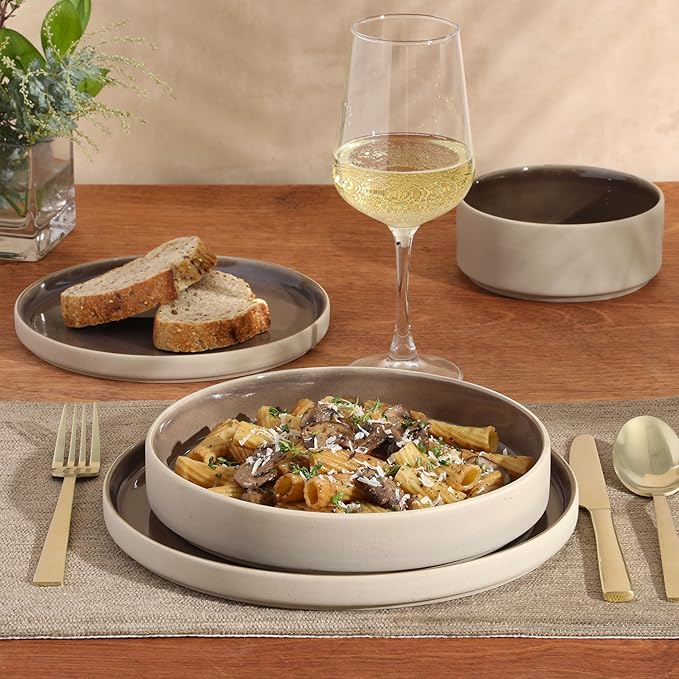 Gibson Elite Liberty Bay 16-Piece Pottery Clay Stoneware Dinnerware Set – Mocha Brown Reactive Glaze, Stackable Plates and Bowls W/Pasta Bowl, Service for 4 – Microwave & Dishwasher Safe