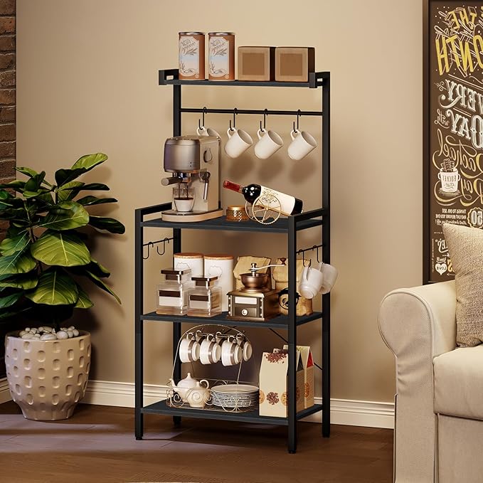 HOOBRO Kitchen Bakers Rack with Storage, 4 Tiers Coffee Bar Station, Microwave Stand with 8 S-Shaped Hooks, Kitchen Storage Shelf Rack for Small Spaces, Black BB04HB01