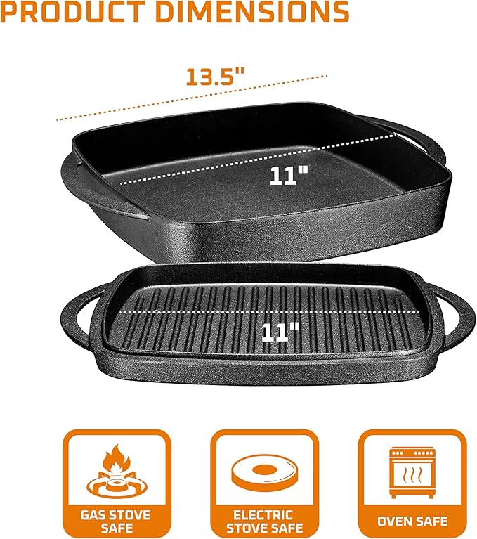 Bruntmor 2-in-1 Pre-Seasoned Cast Iron Dutch Oven with Grill Pan Lid and Handles - 11 Inch Non Stick Square Cast Iron Skillets for Braising, Grilling, and Frying - Heat-Resistant to Oven and Stovetop